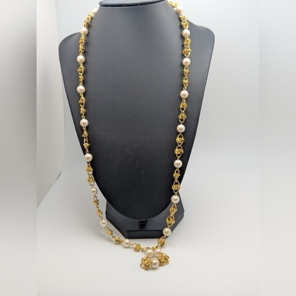 Vintage Fau Pearl Necklace Gold Knot Links Mid Century Style